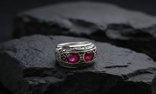 Hand-Engraved Original Ruby Silver Band | 925 Sterling Silver Ring, studded with Original Ruby | With Certificate of Authenticity and 925 Hallmark - caratsutra