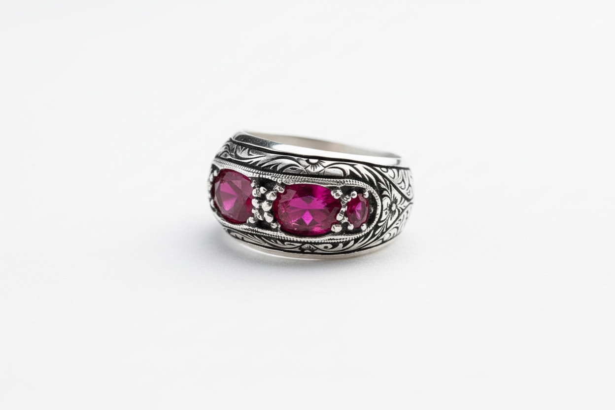 Hand-Engraved Original Ruby Silver Band | 925 Sterling Silver Ring, studded with Original Ruby | With Certificate of Authenticity and 925 Hallmark - caratsutra