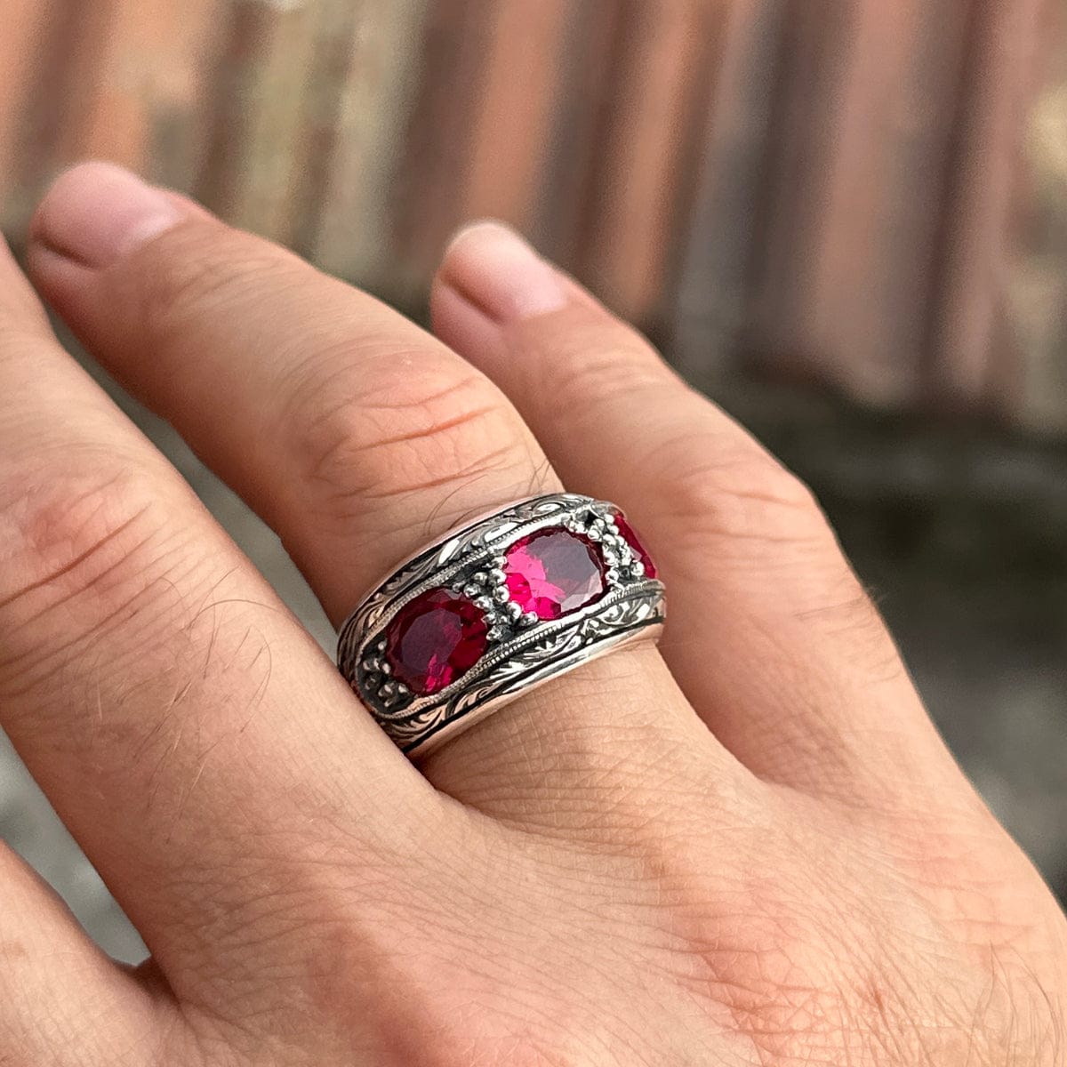 Hand-Engraved Original Ruby Silver Band | 925 Sterling Silver Ring, studded with Original Ruby | With Certificate of Authenticity and 925 Hallmark - caratsutra