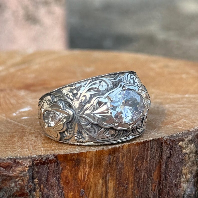 Hand-Engraved Zircon Silver Band | 925 Sterling Silver Ring, studded with White Zircon | With Certificate of Authenticity and 925 Hallmark - caratsutra