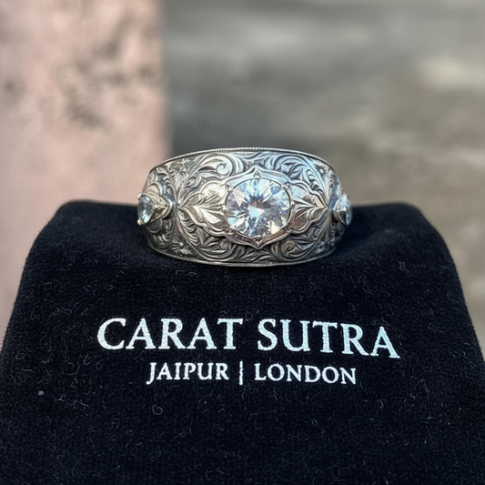 Hand-Engraved Zircon Silver Band | 925 Sterling Silver Ring, studded with White Zircon | With Certificate of Authenticity and 925 Hallmark - caratsutra