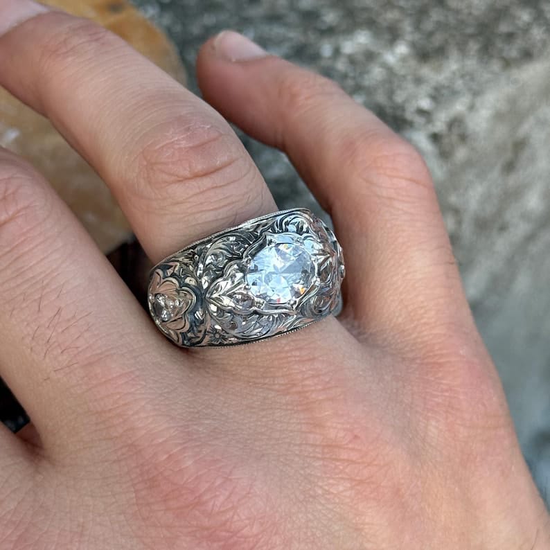 Hand-Engraved Zircon Silver Band | 925 Sterling Silver Ring, studded with White Zircon | With Certificate of Authenticity and 925 Hallmark - caratsutra