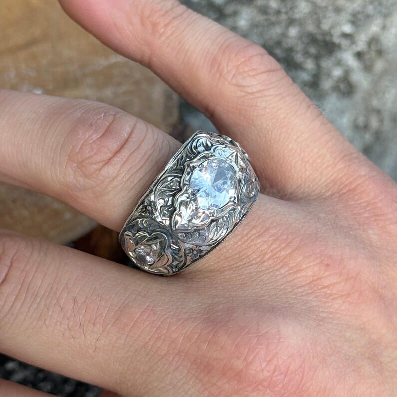 Hand-Engraved Zircon Silver Band | 925 Sterling Silver Ring, studded with White Zircon | With Certificate of Authenticity and 925 Hallmark - caratsutra
