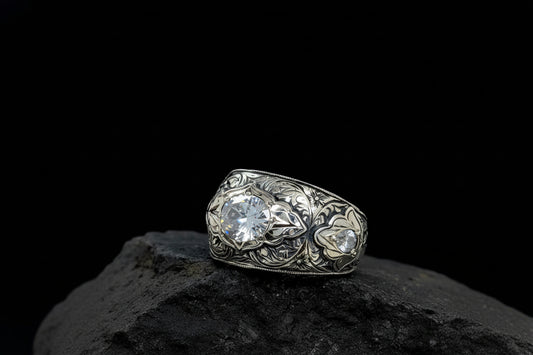 Hand-Engraved Zircon Silver Band | 925 Sterling Silver Ring, studded with White Zircon | With Certificate of Authenticity and 925 Hallmark - caratsutra