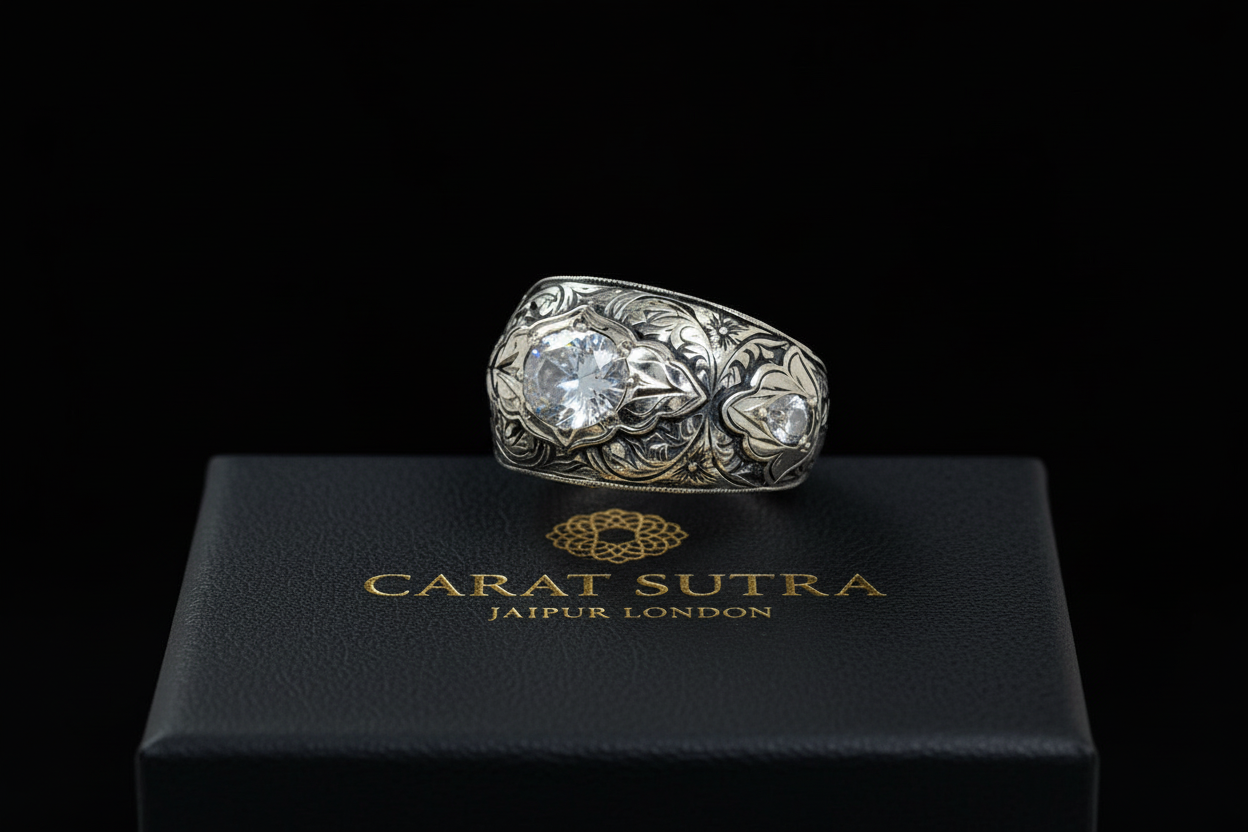 Hand-Engraved Zircon Silver Band | 925 Sterling Silver Ring, studded with White Zircon | With Certificate of Authenticity and 925 Hallmark - caratsutra