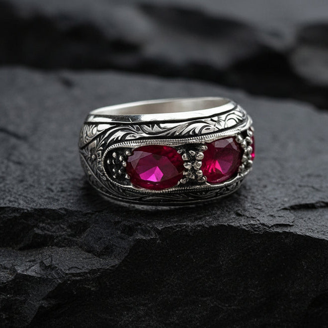 Hand-Engraved Silver Band | 925 Sterling, studded with Original Ruby | With Certificate of Authenticity and 925 Hallmark - caratsutra