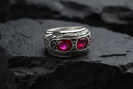 Hand-Engraved Silver Band | 925 Sterling, studded with Original Ruby | With Certificate of Authenticity and 925 Hallmark