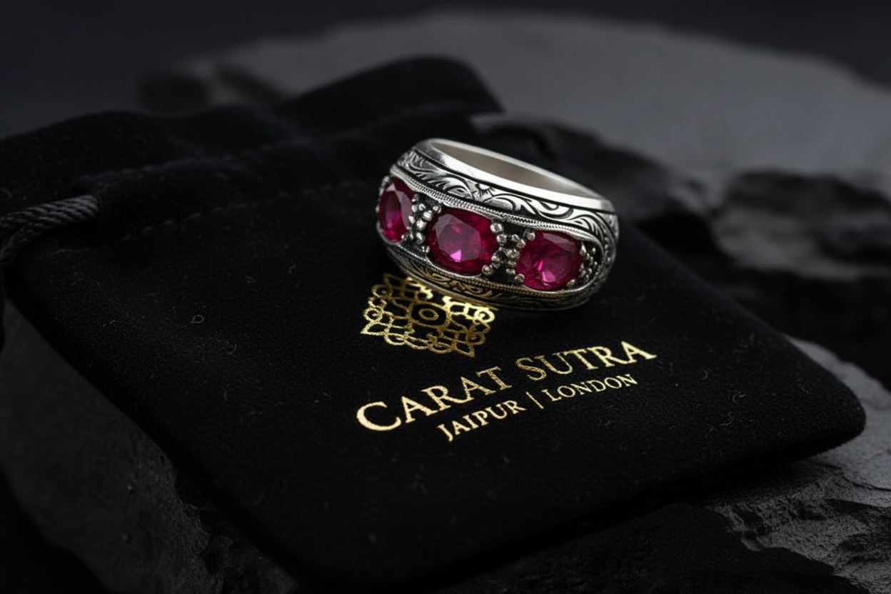 Hand-Engraved Silver Band | 925 Sterling, studded with Original Ruby | With Certificate of Authenticity and 925 Hallmark - caratsutra
