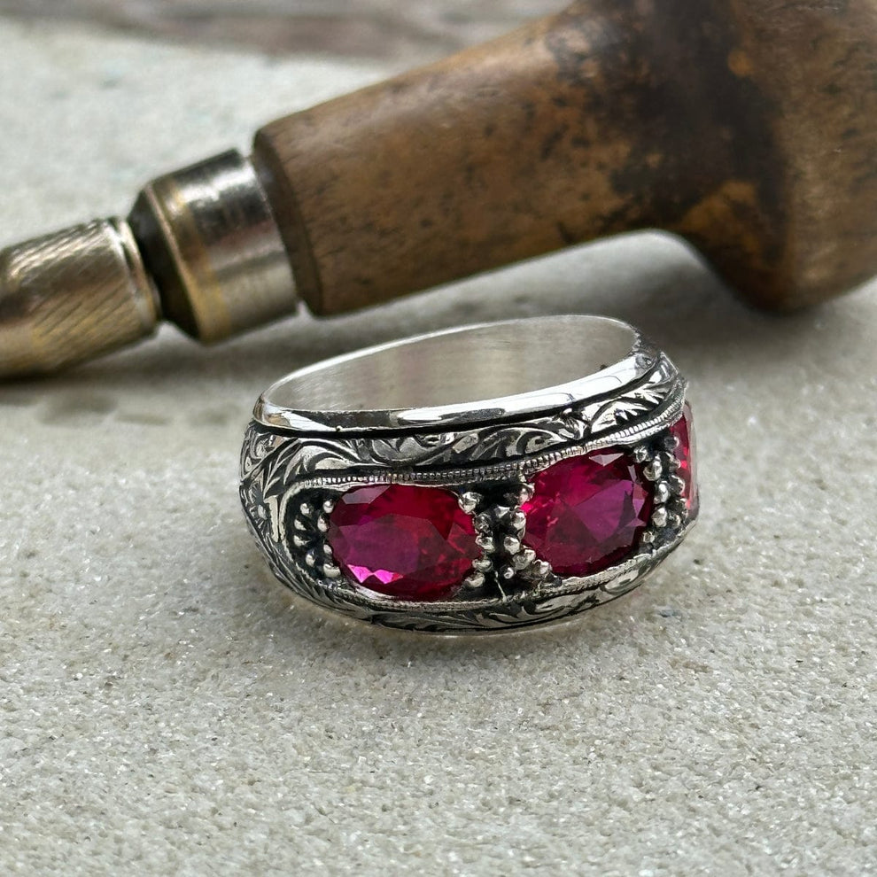 Hand-Engraved Silver Band | 925 Sterling, studded with Original Ruby | With Certificate of Authenticity and 925 Hallmark - caratsutra