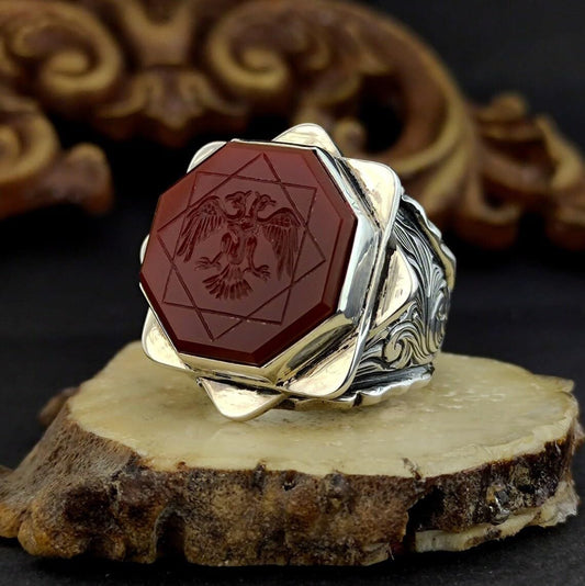 Hand_Engraved Turkish Style Ring with Natural Red Agate with Eagle  | 925 Sterling Silver Oxidized Ring | Men's Jewelry | With Certificate of Authenticity and 925 Hallmark - caratsutra