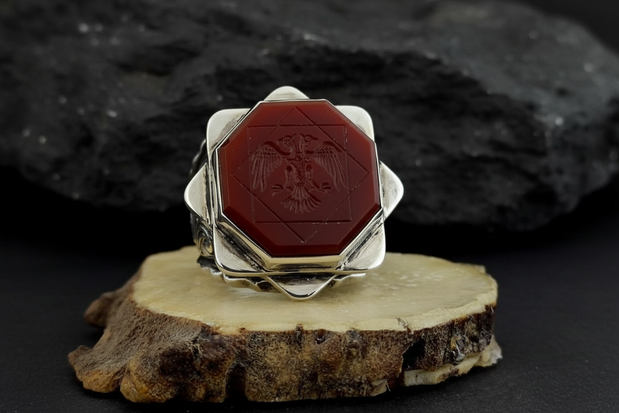 Hand_Engraved Turkish Style Ring with Natural Red Agate with Eagle  | 925 Sterling Silver Oxidized Ring | Men's Jewelry | With Certificate of Authenticity and 925 Hallmark - caratsutra