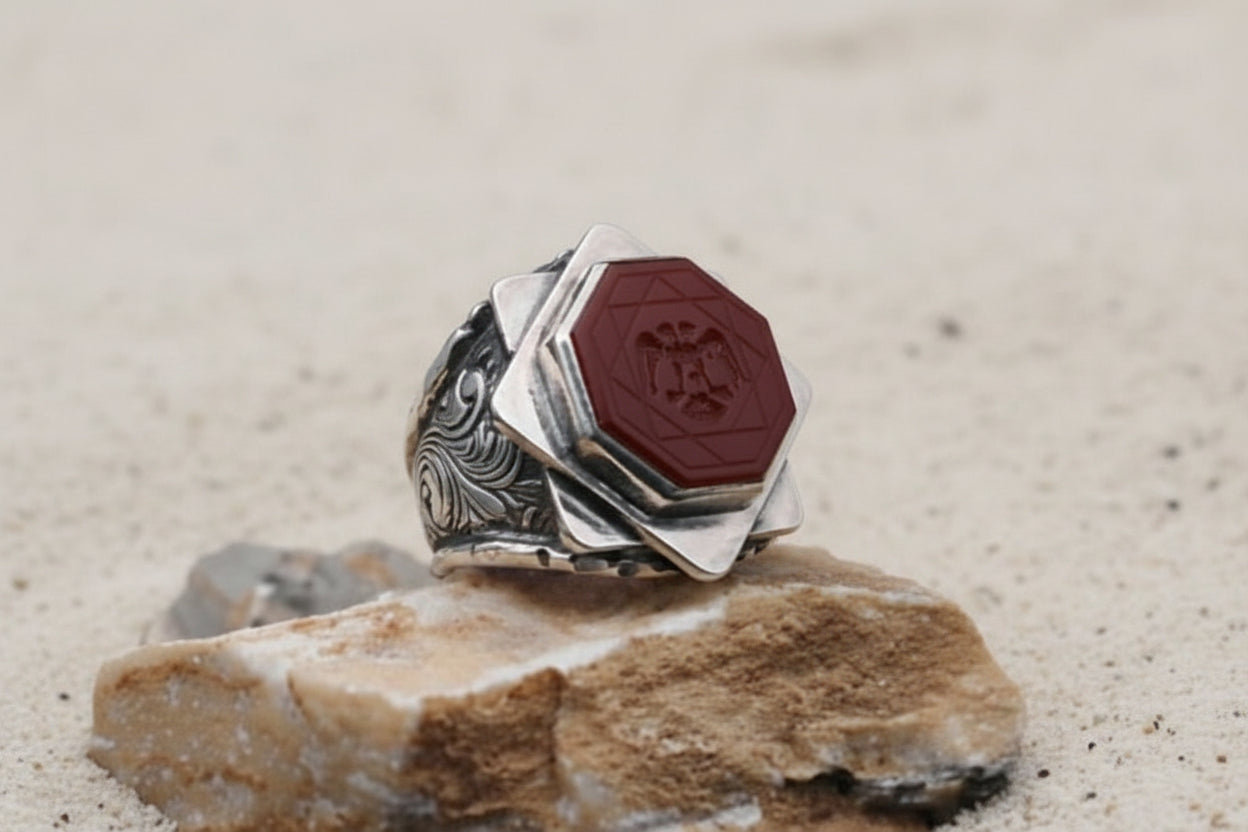 Hand_Engraved Turkish Style Ring with Natural Red Agate with Eagle  | 925 Sterling Silver Oxidized Ring | Men's Jewelry | With Certificate of Authenticity and 925 Hallmark - caratsutra