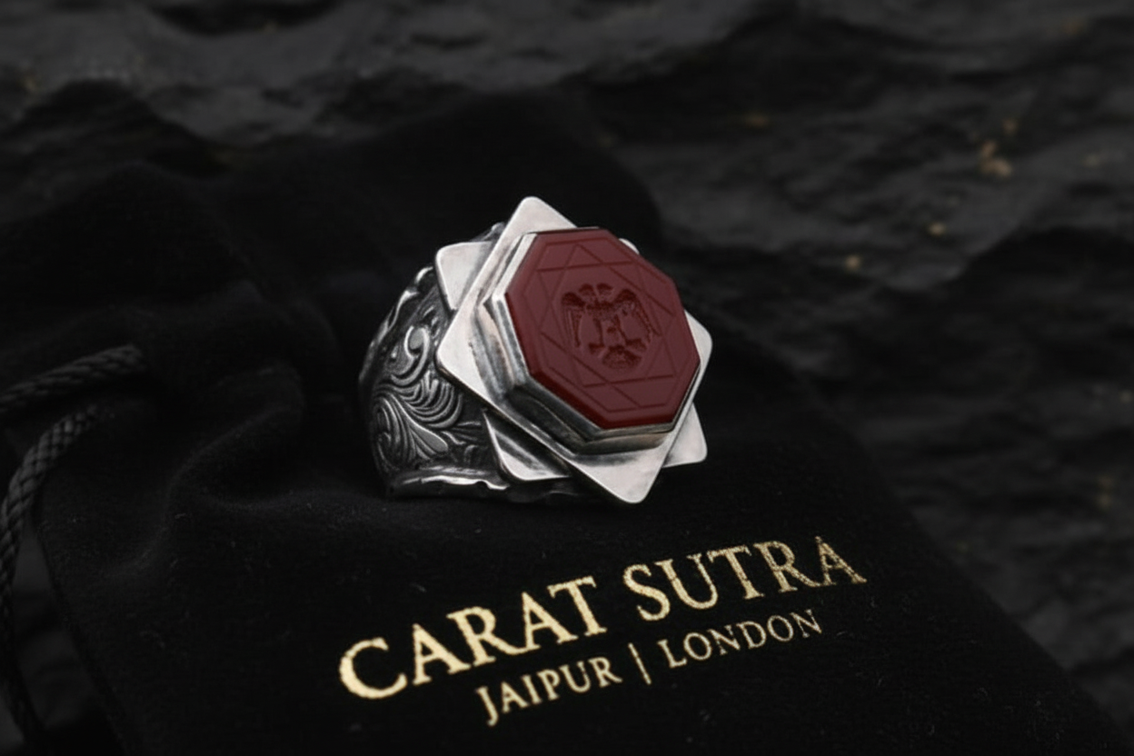 Hand_Engraved Turkish Style Ring with Natural Red Agate with Eagle  | 925 Sterling Silver Oxidized Ring | Men's Jewelry | With Certificate of Authenticity and 925 Hallmark - caratsutra