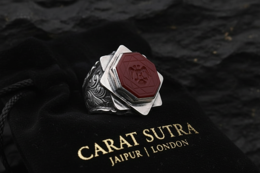 Hand_Engraved Turkish Style Ring with Natural Red Agate with Eagle  | 925 Sterling Silver Oxidized Ring | Men's Jewelry | With Certificate of Authenticity and 925 Hallmark - caratsutra