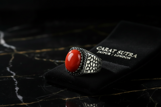 Oval shaped 10ct Natural Red Coral (Moonga) | 925 Sterling Silver Oxidized Ring | With Certificate of Authenticity and 925 Hallmark - caratsutra