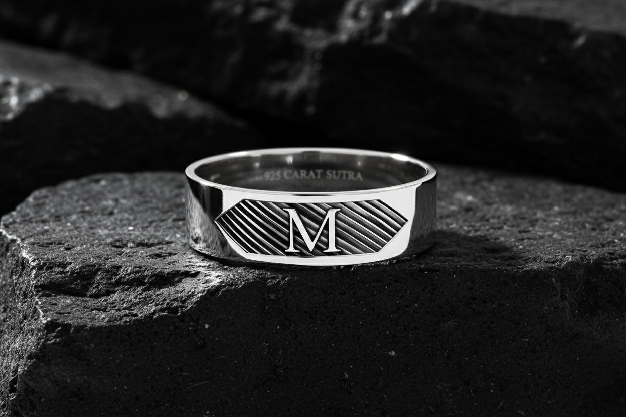 4mm wide Name Initials Classic Band Ring for Men, Glossy Finish, Sterling Silver 925 Ring | Jewellery for Men| With Certificate of Authenticity and 925 Hallmark - caratsutra