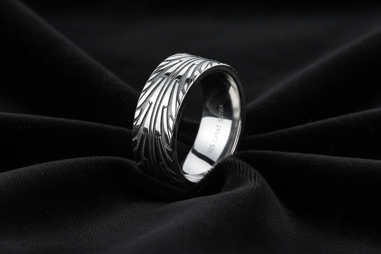 4mm wide Tyre Tread Band Ring, Brush Matt-Finish, Sterling Silver 925 Ring | Jewellery for Men| With Certificate of Authenticity and 925 Hallmark - caratsutra