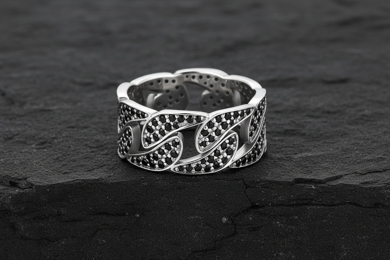 6mm wide Iced Out Cuban link Band Ring for Men, Sterling Silver 925 Ring | Jewellery for Men| With Certificate of Authenticity and 925 Hallmark - caratsutra