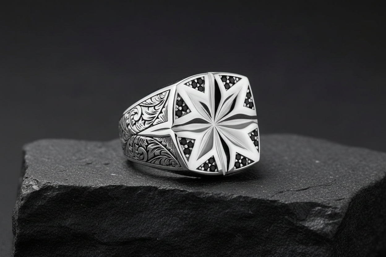 Star Hand-Engraved Ring for Men, Brush Matt-Finish, Sterling Silver 925 Ring | Jewellery for Men| With Certificate of Authenticity and 925 Hallmark - caratsutra