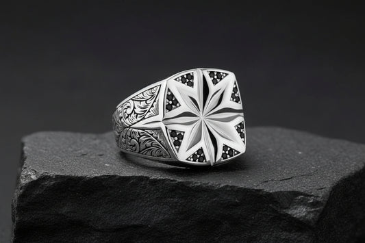 Star Hand-Engraved Ring for Men, Brush Matt-Finish, Sterling Silver 925 Ring | Jewellery for Men| With Certificate of Authenticity and 925 Hallmark - caratsutra