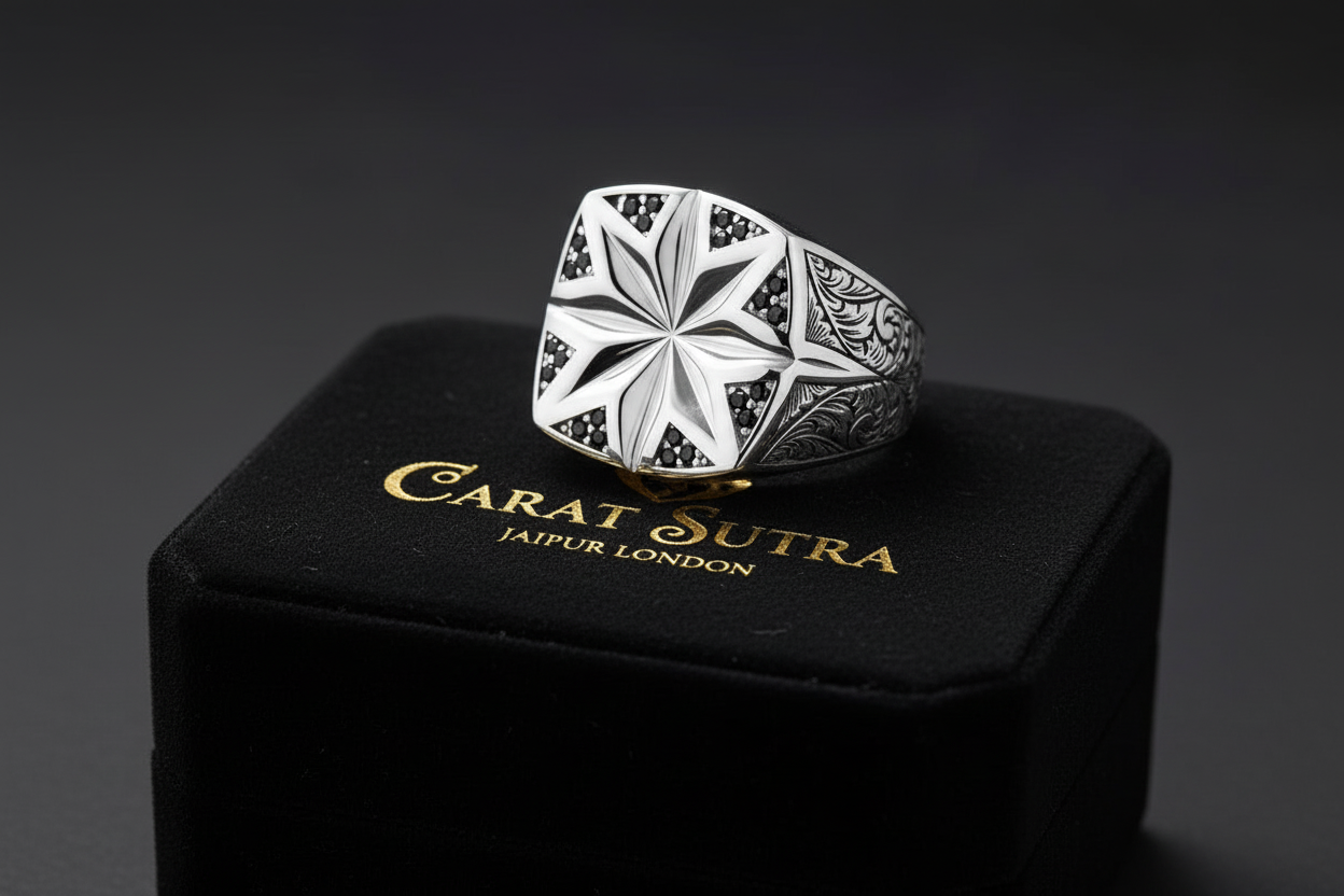 Star Hand-Engraved Ring for Men, Brush Matt-Finish, Sterling Silver 925 Ring | Jewellery for Men| With Certificate of Authenticity and 925 Hallmark - caratsutra