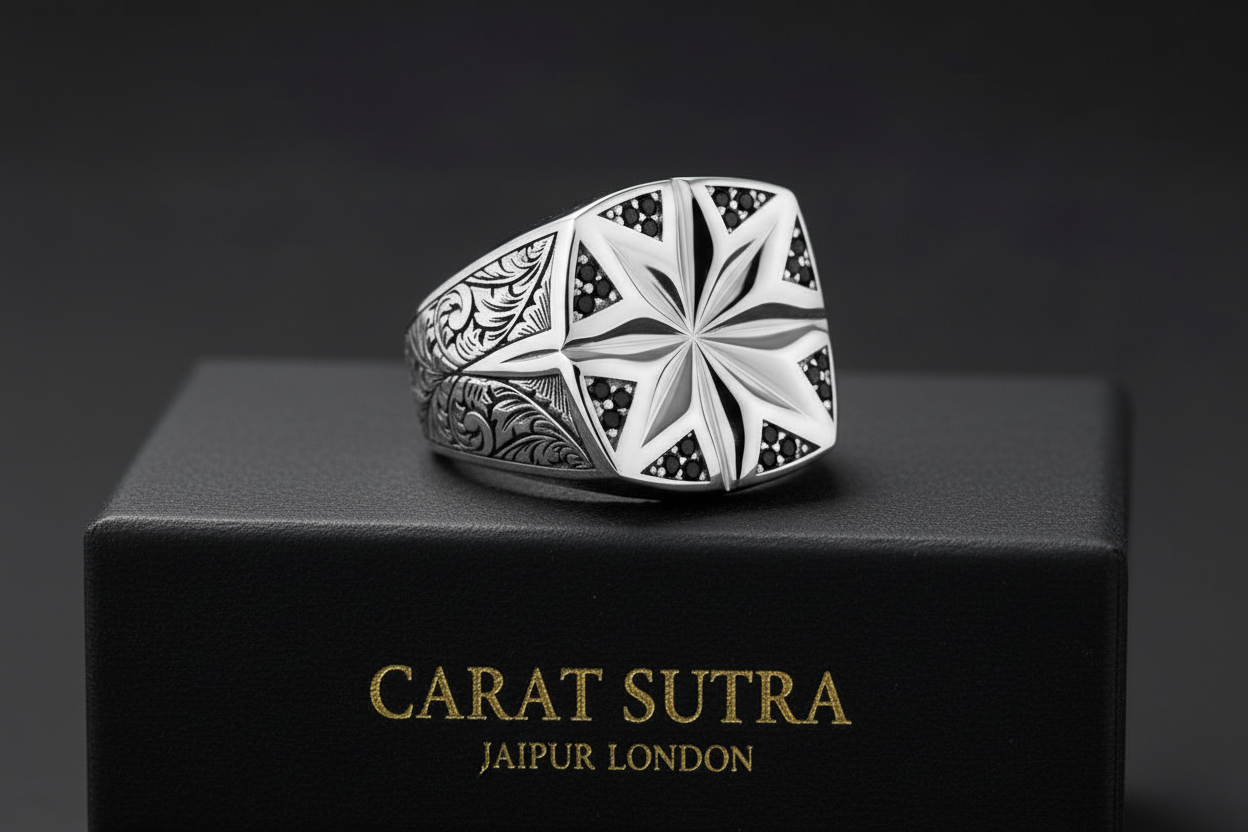 Star Hand-Engraved Ring for Men, Brush Matt-Finish, Sterling Silver 925 Ring | Jewellery for Men| With Certificate of Authenticity and 925 Hallmark - caratsutra