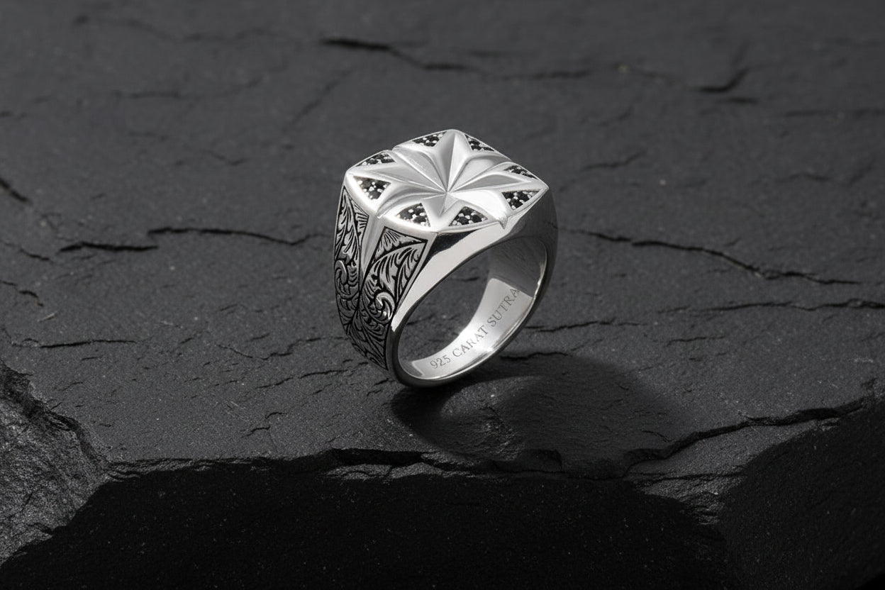 Star Hand-Engraved Ring for Men, Brush Matt-Finish, Sterling Silver 925 Ring | Jewellery for Men| With Certificate of Authenticity and 925 Hallmark - caratsutra