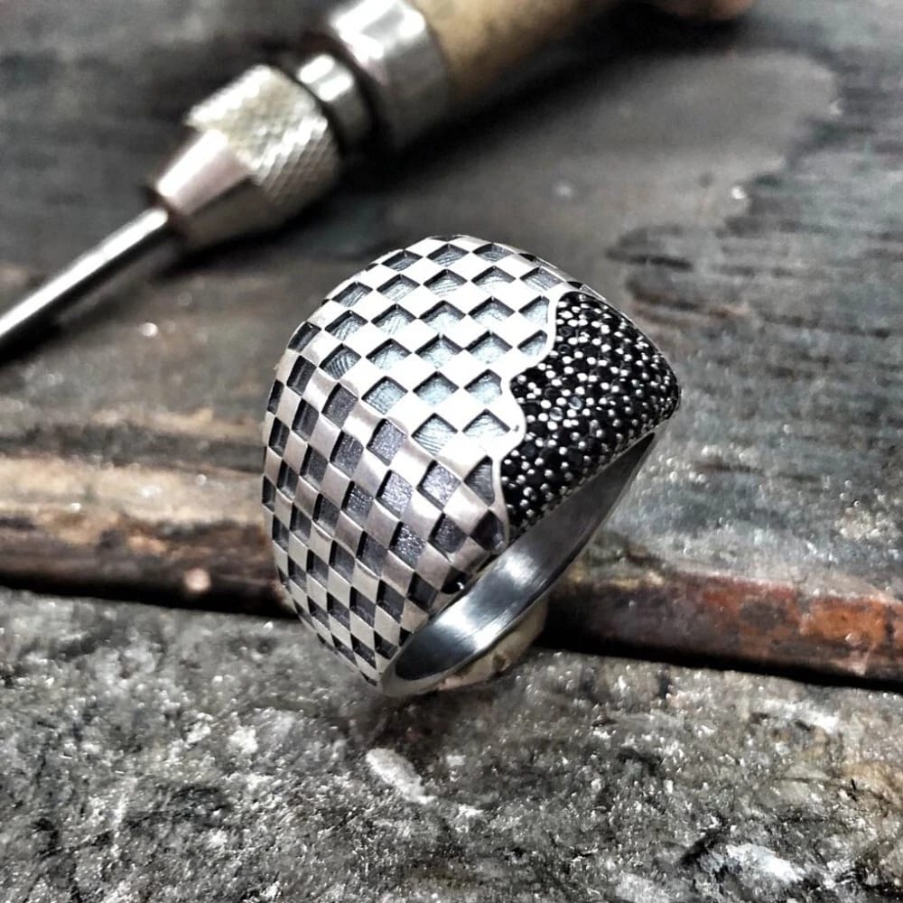 Unique Handmade Turkish Style Ring with Black Zircons | 925 Sterling Silver Oxidized Ring | With Certificate of Authenticity and 925 Hallmark - caratsutra