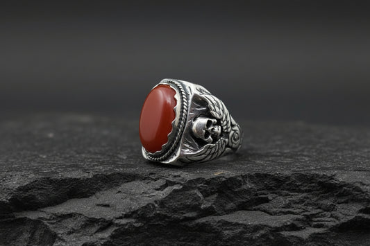 Skull designed Ring with Oval shaped 10ct Natural Red Coral (Moonga) | 925 Sterling Silver Oxidized Ring | With Certificate of Authenticity and 925 Hallmark - caratsutra