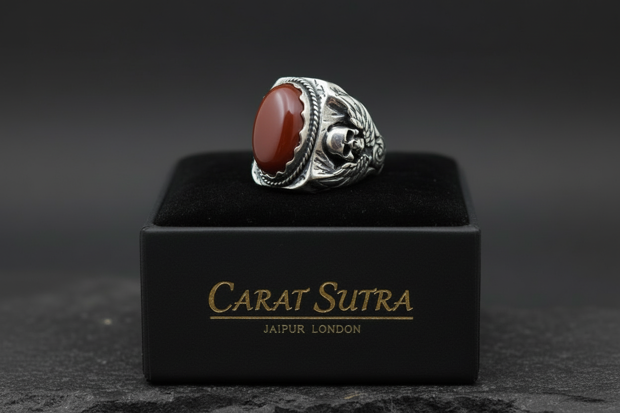 Skull designed Ring with Oval shaped 10ct Natural Red Coral (Moonga) | 925 Sterling Silver Oxidized Ring | With Certificate of Authenticity and 925 Hallmark - caratsutra