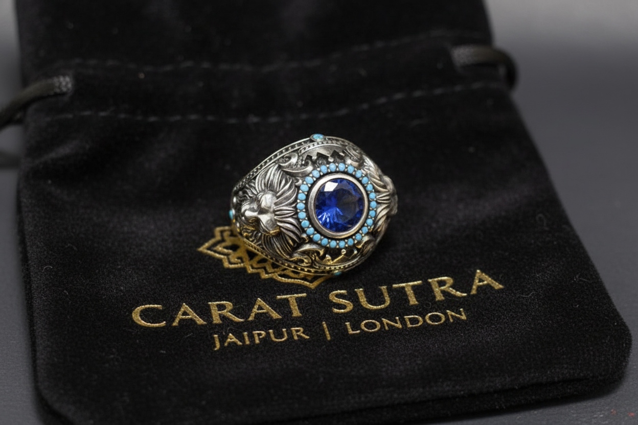 Double Faced Lion Ring with Original Blue Sapphire Stone | 925 Sterling Silver Oxidized Ring |  With Certificate of Authenticity and 925 Hallmark - caratsutra