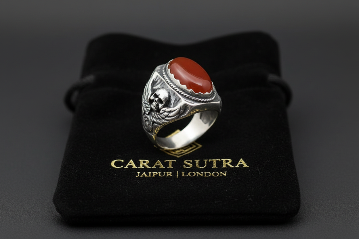 Skull designed Ring with Oval shaped 10ct Natural Red Coral (Moonga) | 925 Sterling Silver Oxidized Ring | With Certificate of Authenticity and 925 Hallmark - caratsutra