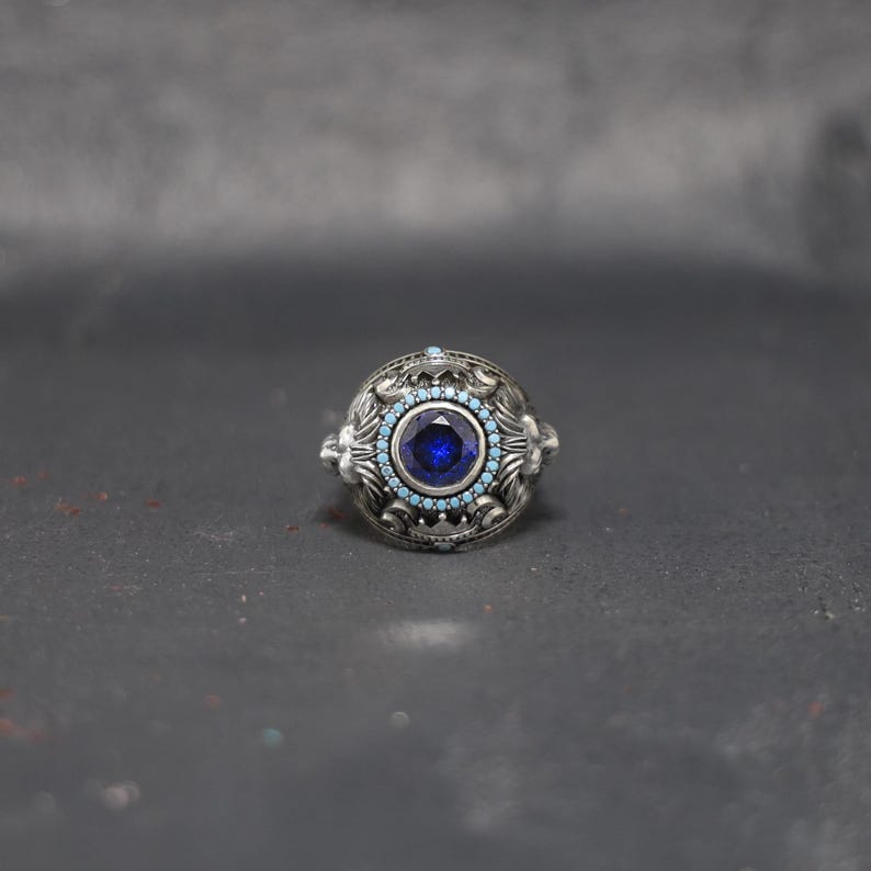 Double Faced Lion Ring with Original Blue Sapphire Stone | 925 Sterling Silver Oxidized Ring |  With Certificate of Authenticity and 925 Hallmark - caratsutra