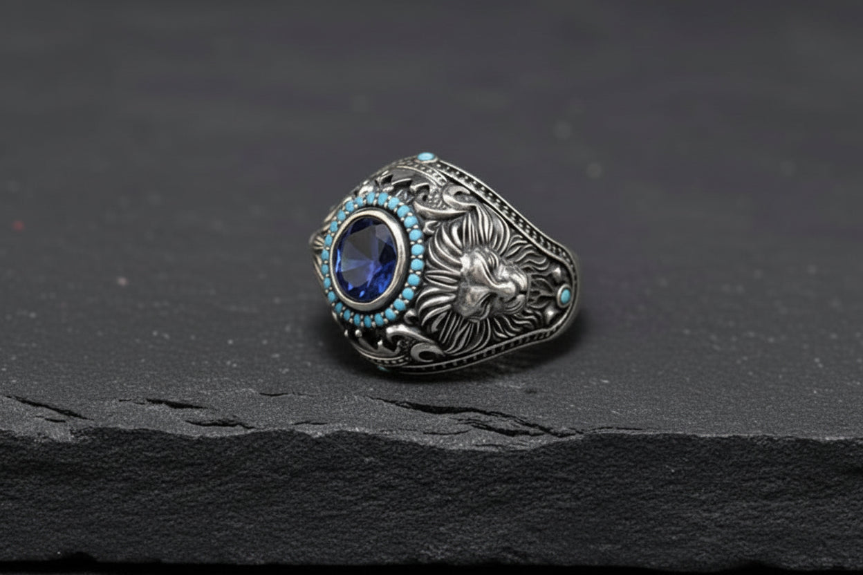Double Faced Lion Ring with Original Blue Sapphire Stone | 925 Sterling Silver Oxidized Ring |  With Certificate of Authenticity and 925 Hallmark - caratsutra