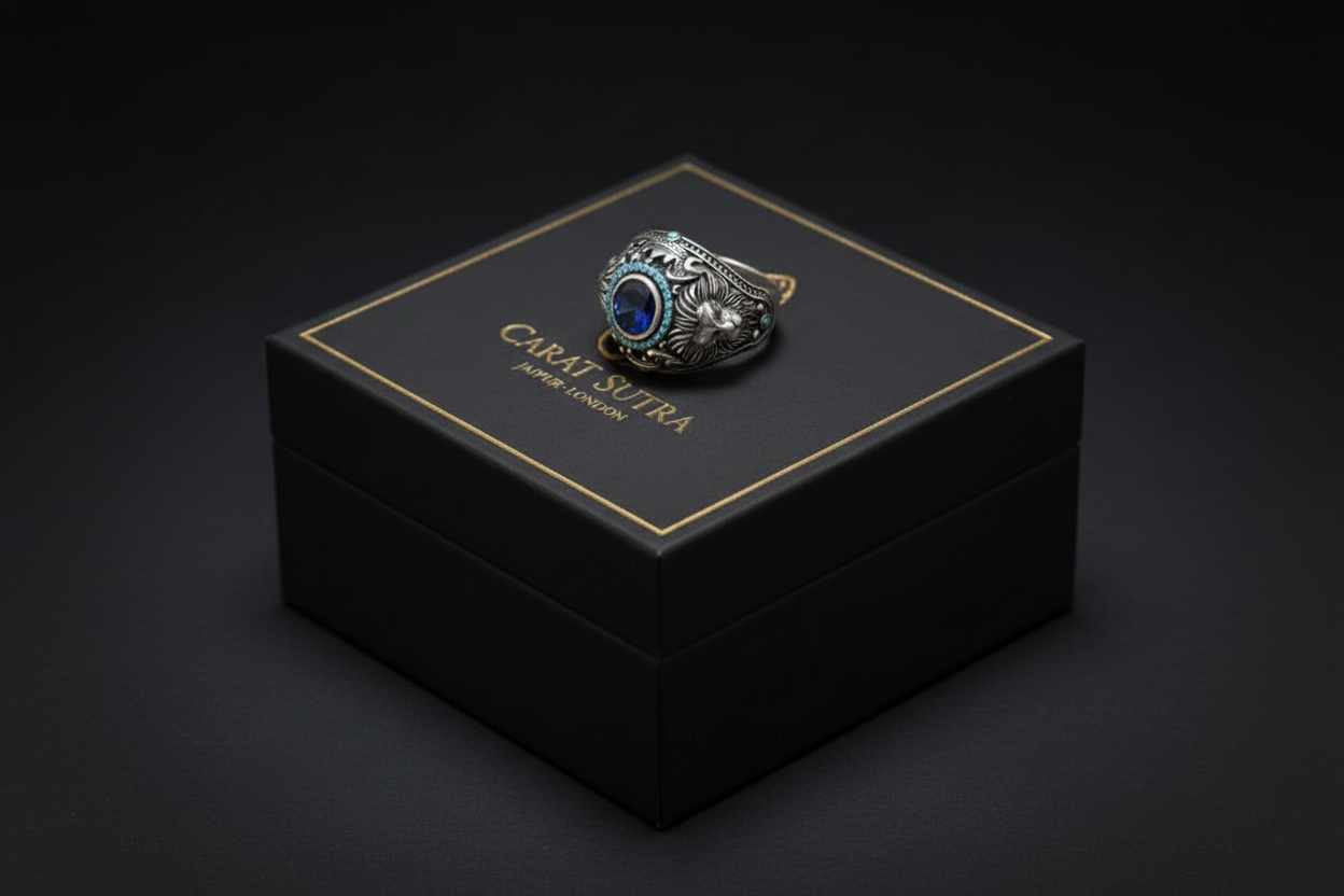 Double Faced Lion Ring with Original Blue Sapphire Stone | 925 Sterling Silver Oxidized Ring |  With Certificate of Authenticity and 925 Hallmark - caratsutra