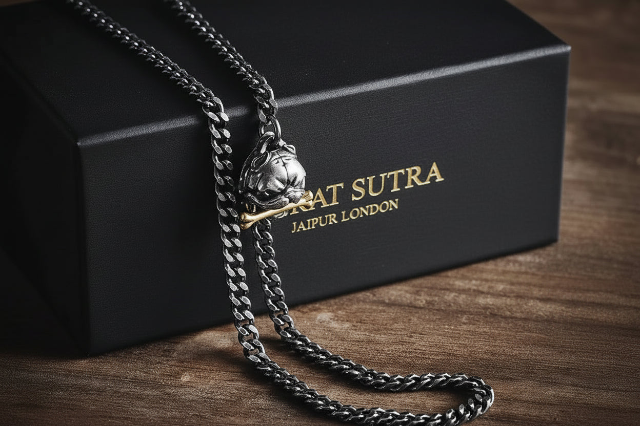 RARE PRINCE by CARAT SUTRA | 4mm wide Cuban with Pitbul Face lock chain Oxidised Box Chain | 925 Sterling Silver Chain |With Certificate of Authenticity and 925 Hallmark - caratsutra
