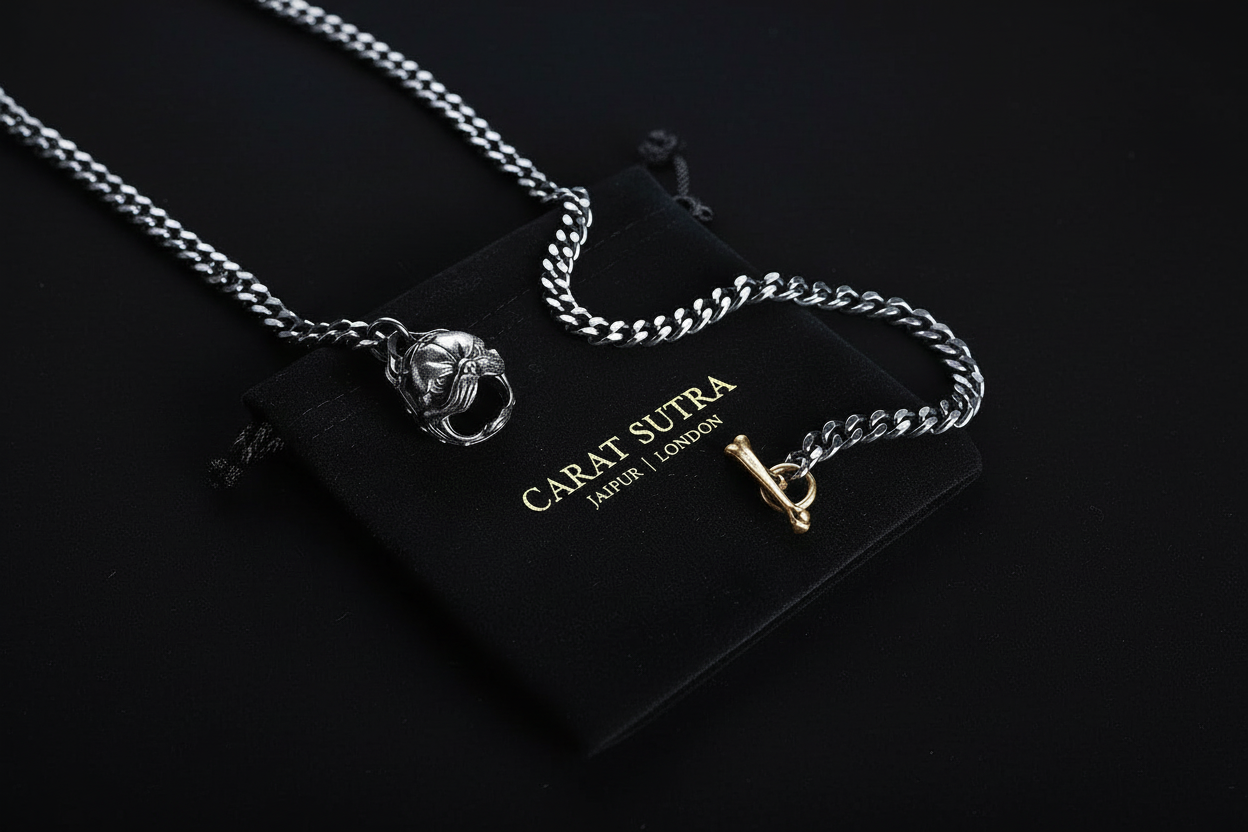 RARE PRINCE by CARAT SUTRA | 4mm wide Cuban with Pitbul Face lock chain Oxidised Box Chain | 925 Sterling Silver Chain |With Certificate of Authenticity and 925 Hallmark - caratsutra