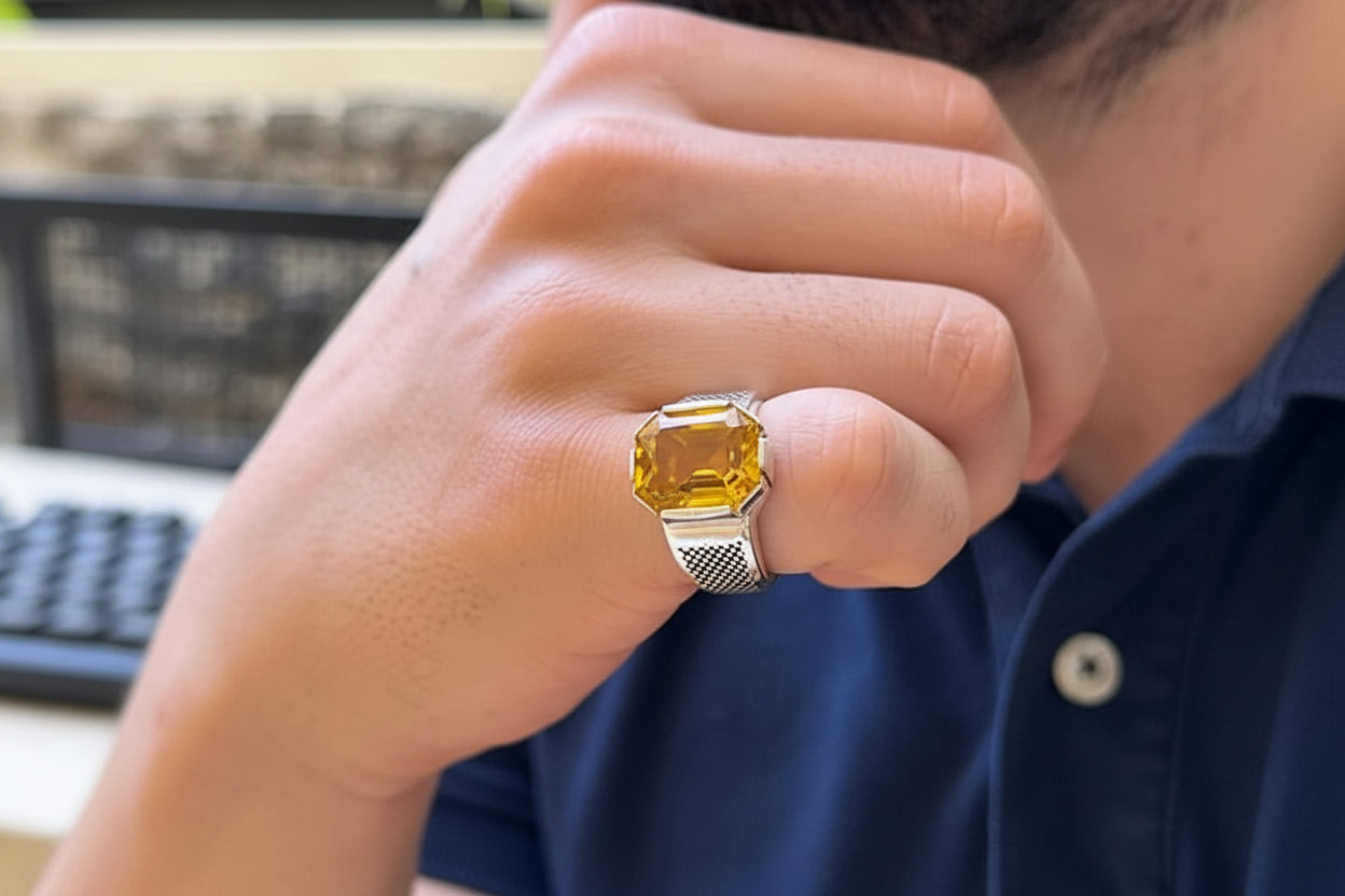 Turkish Style Ring with Octagon Cut Natural Yellow Sapphire (Pukhraj) | 925 Sterling Silver Oxidized Ring |With Certificate of Authenticity and 925 Hallmark - caratsutra