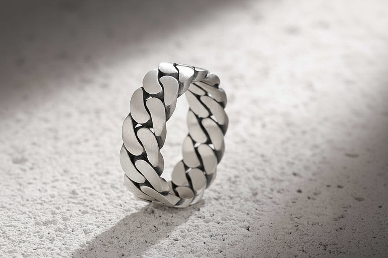 5mm wide Matt Finish Cuban link Band Ring, Sterling Silver 925 Ring | With Certificate of Authenticity and 925 Hallmark - caratsutra
