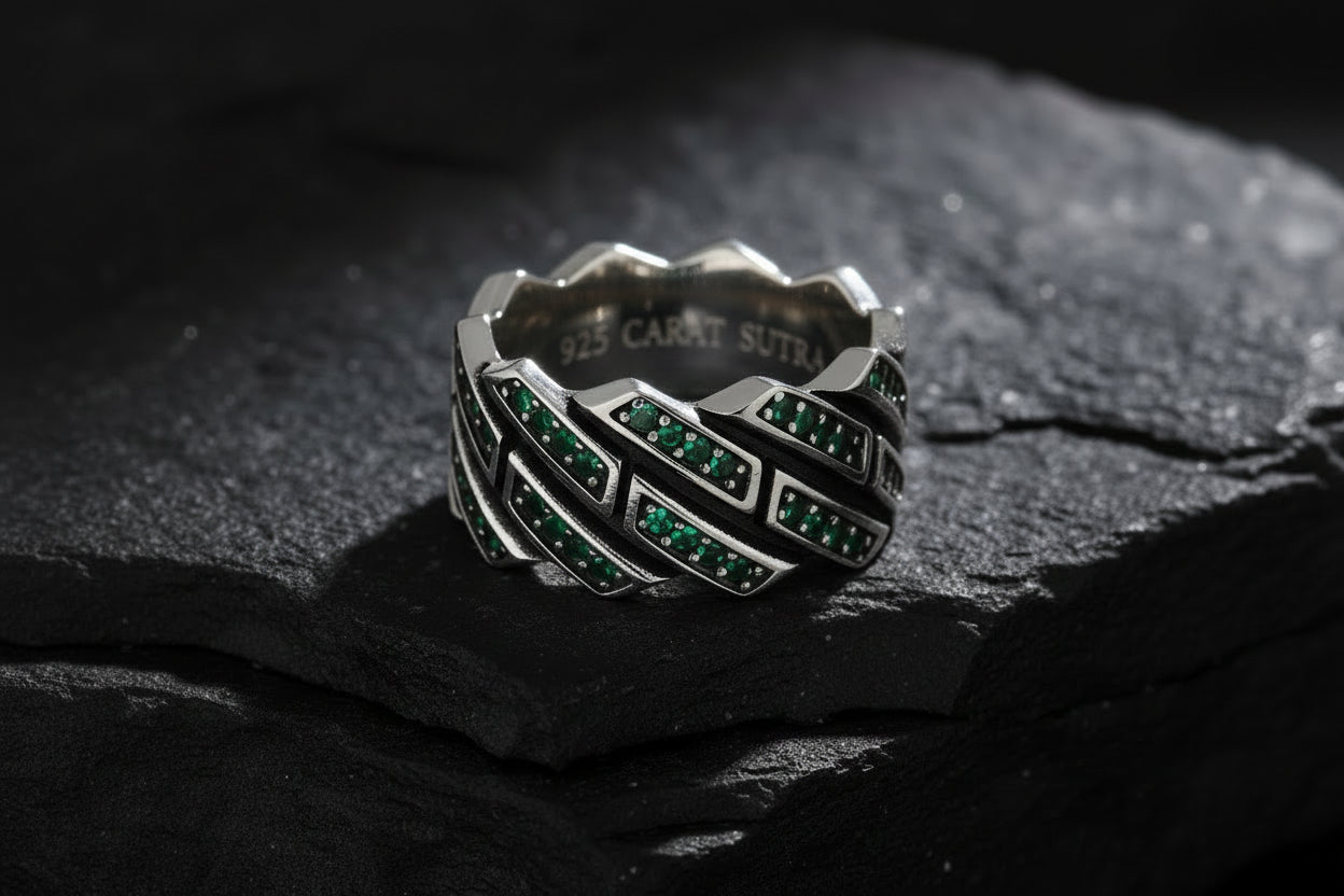 6mm wide, Emerald Iced Out Cuban link Band Ring for Men, Sterling Silver 925 Ring | With Certificate of Authenticity and 925 Hallmark - caratsutra