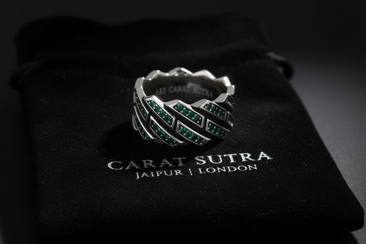 6mm wide, Emerald Iced Out Cuban link Band Ring for Men, Sterling Silver 925 Ring | With Certificate of Authenticity and 925 Hallmark - caratsutra