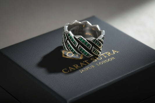 6mm wide, Emerald Iced Out Cuban link Band Ring for Men, Sterling Silver 925 Ring | With Certificate of Authenticity and 925 Hallmark - caratsutra