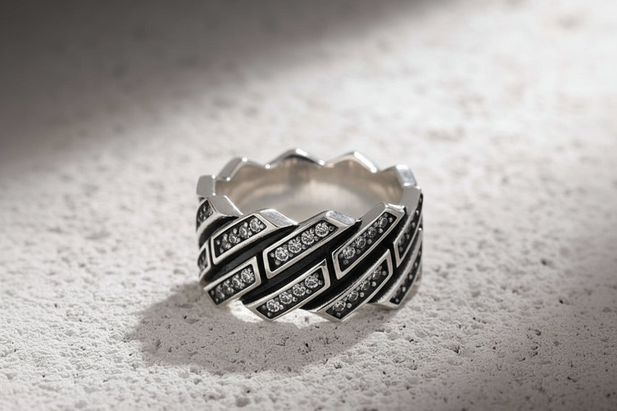 6mm wide, White Zircon Iced Out Cuban link Band Ring for Men, Sterling Silver 925 Ring | With Certificate of Authenticity and 925 Hallmark - caratsutra
