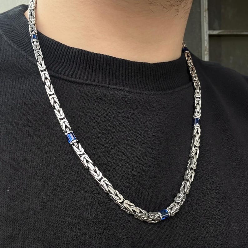Solid 8mm Byzantine Link Chain, studded with Blue Zircon baguette cut | 925 Sterling Silver Chain | With Certificate of Authenticity and 925 Hallmark - caratsutra