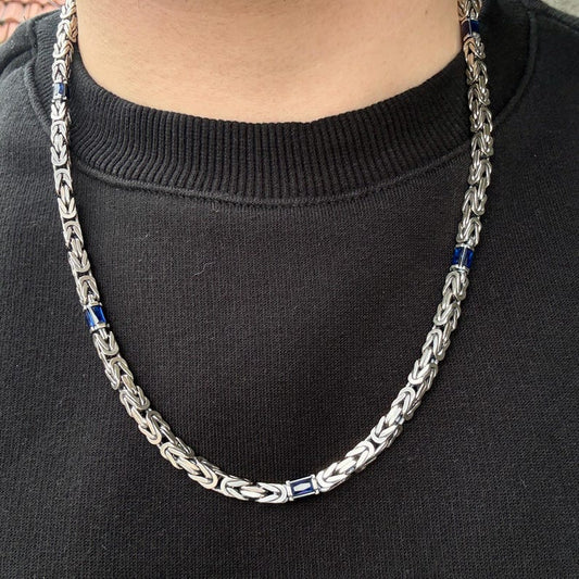 Solid 8mm Byzantine Link Chain, studded with Blue Zircon baguette cut | 925 Sterling Silver Chain | With Certificate of Authenticity and 925 Hallmark - caratsutra