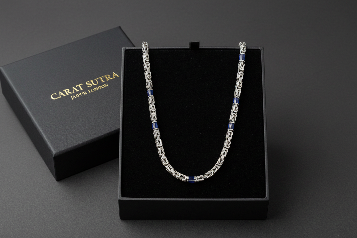 Solid 8mm Byzantine Link Chain, studded with Blue Zircon baguette cut | 925 Sterling Silver Chain | With Certificate of Authenticity and 925 Hallmark - caratsutra
