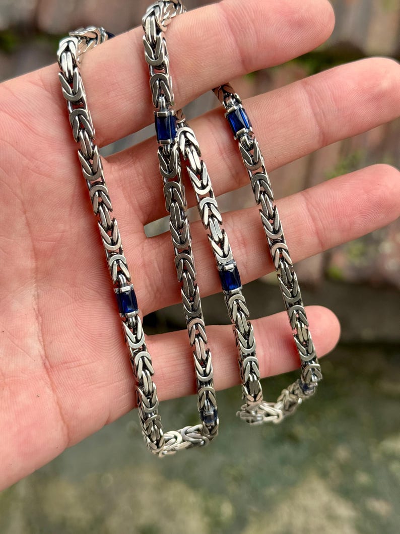 Solid 6mm Byzantine Link Chain, studded with Blue Zircon baguette cut | 925 Sterling Silver Chain | With Certificate of Authenticity and 925 Hallmark - caratsutra