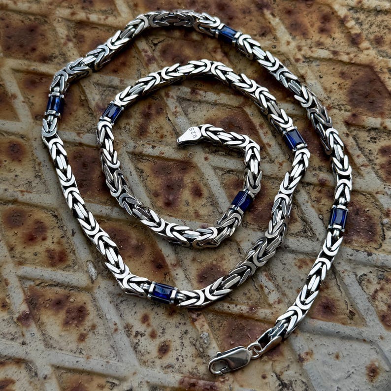 Solid 8mm Byzantine Link Chain, studded with Blue Zircon baguette cut | 925 Sterling Silver Chain | With Certificate of Authenticity and 925 Hallmark - caratsutra