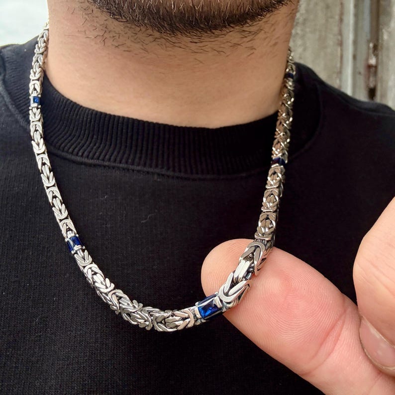 Solid 8mm Byzantine Link Chain, studded with Blue Zircon baguette cut | 925 Sterling Silver Chain | With Certificate of Authenticity and 925 Hallmark - caratsutra