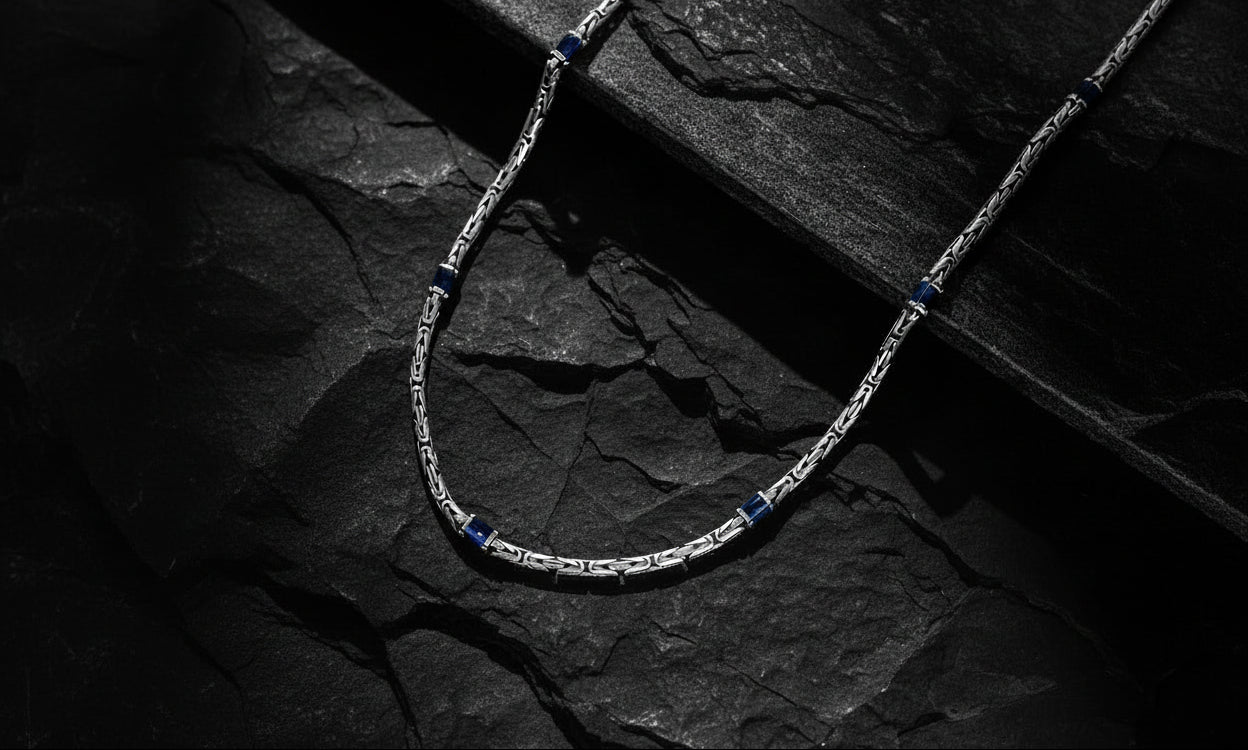 Solid 4mm Byzantine Link Chain, studded with Blue Zircon baguette cut | 925 Sterling Silver Chain | With Certificate of Authenticity and 925 Hallmark - caratsutra